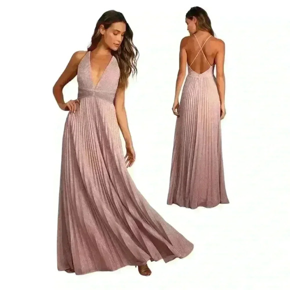 Lulus Sparkly Blush Pink Pleated Maxi Dress Formal Evening Gown Size L - Picture 1 of 16